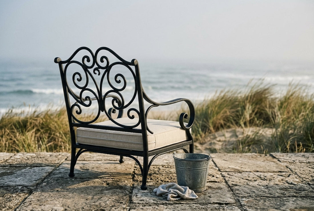 Fauteuil en fer forgé sur une terrasse de pierre face à l’océan, seau et chiffon pour l’entretien
