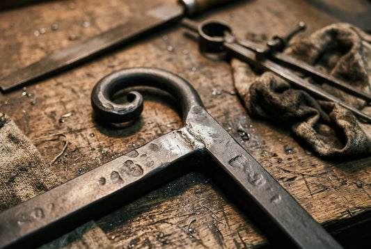 Gros plan sur une volute d'accoudoir en fer forgé à la main : marques de marteau et soudure meulée