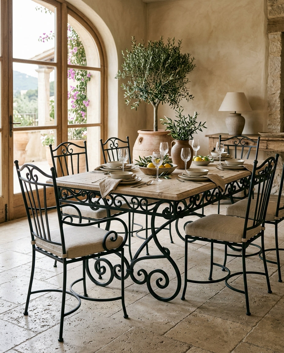 Table de repas en fer forgé Signature, piètement à volutes et plateau travertin