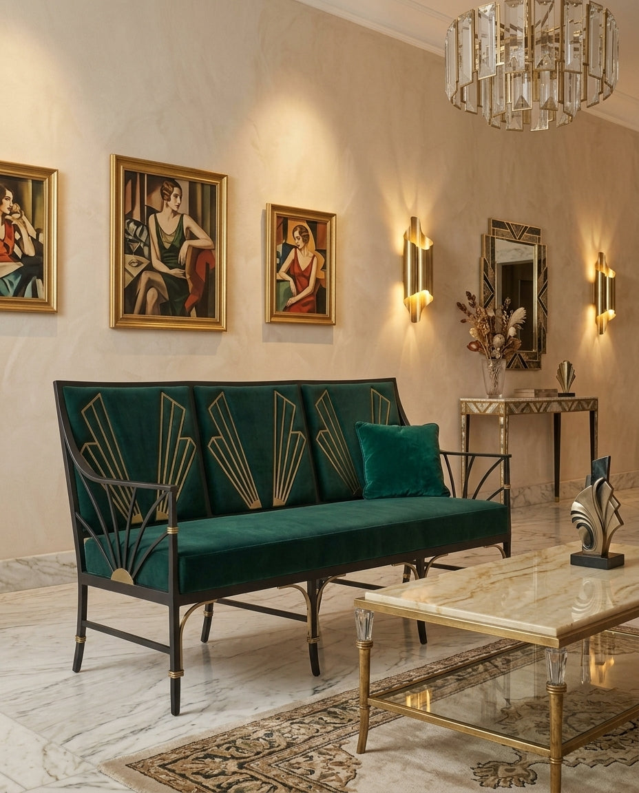 Canapé 3 places Art Déco en situation dans un salon élégant — Mon Siège Personnalisé