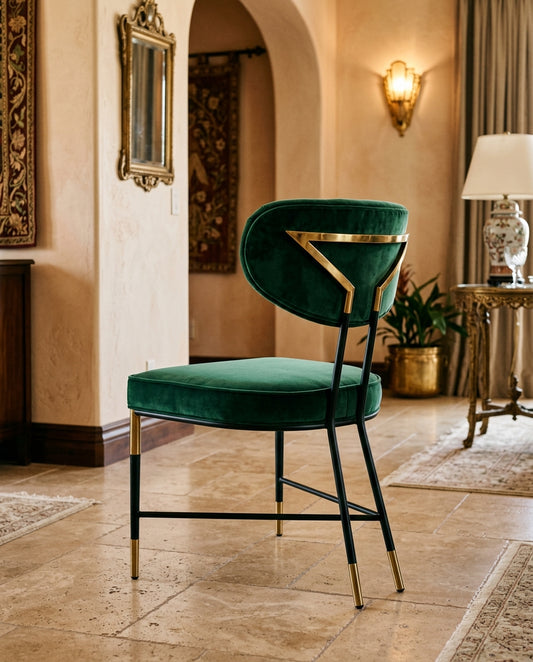 Chaise de repas Art Déco, fer forgé et laiton, assise velours