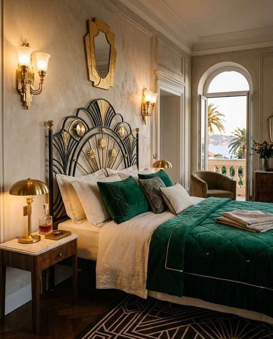 Lit Art Déco, tête de lit fer forgé et laiton à motif éventail, velours émeraude