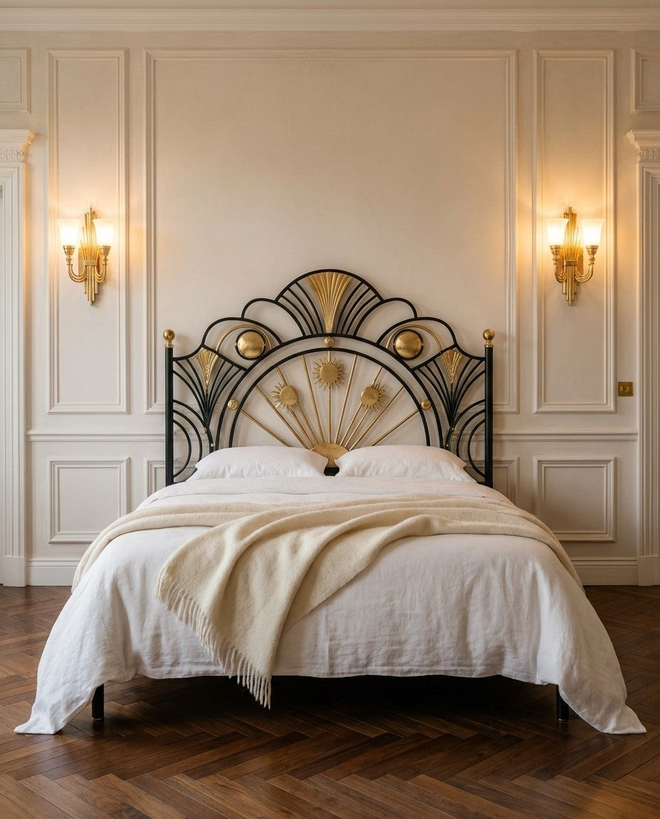 Lit Art Déco vu de face, chambre à moulures éclairée par deux appliques