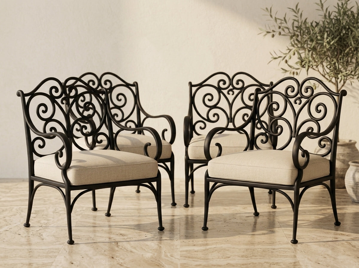 Pack de 4 fauteuils en fer forgé, vue de trois quarts — Mon Siège Personnalisé