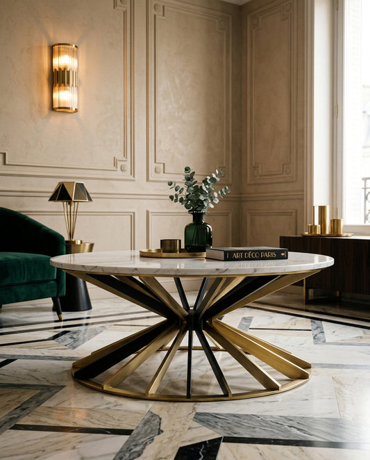 Table basse Art Déco ronde, piètement en éventail laiton et plateau marbre — Mon Siège Personnalisé