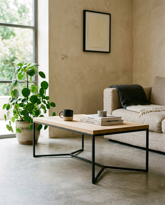 Table basse contemporaine à piètement acier noir et plateau chêne massif — Mon Siège Personnalisé